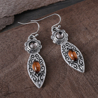 Retro-style two-tone gemstone earrings in ancient silver finish, geometric shape