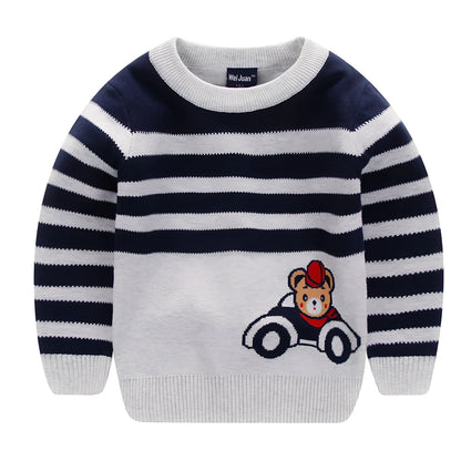 Children's Korean style cartoon pullover sweater in bear green, size 120cm, long sleeves, enzyme washed soft fabric for ages 3-8