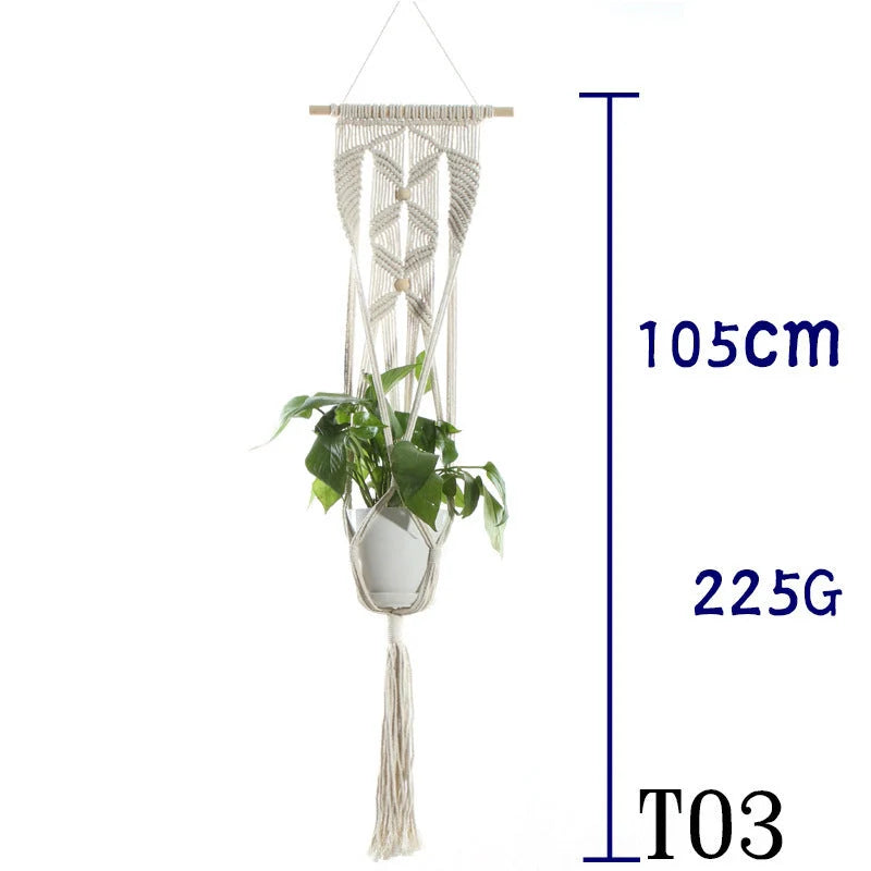 Handmade beige cotton rope flower pot net bag for indoor plants, American Country style