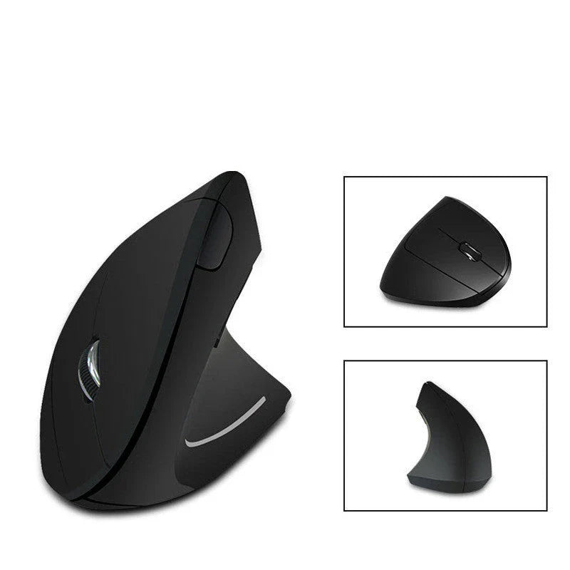 Ergonomic vertical wireless mouse in black and brown with 6 buttons and 10m range