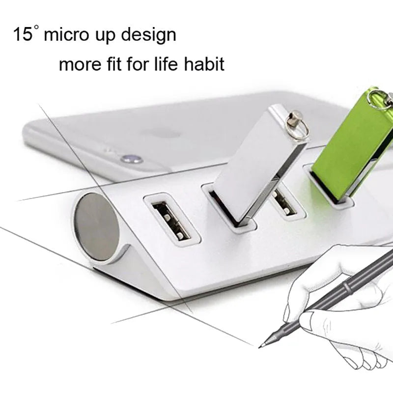 Silver USB-C to 4-port USB 2.0 hub with aluminium alloy build, compact size 88x39x22 mm