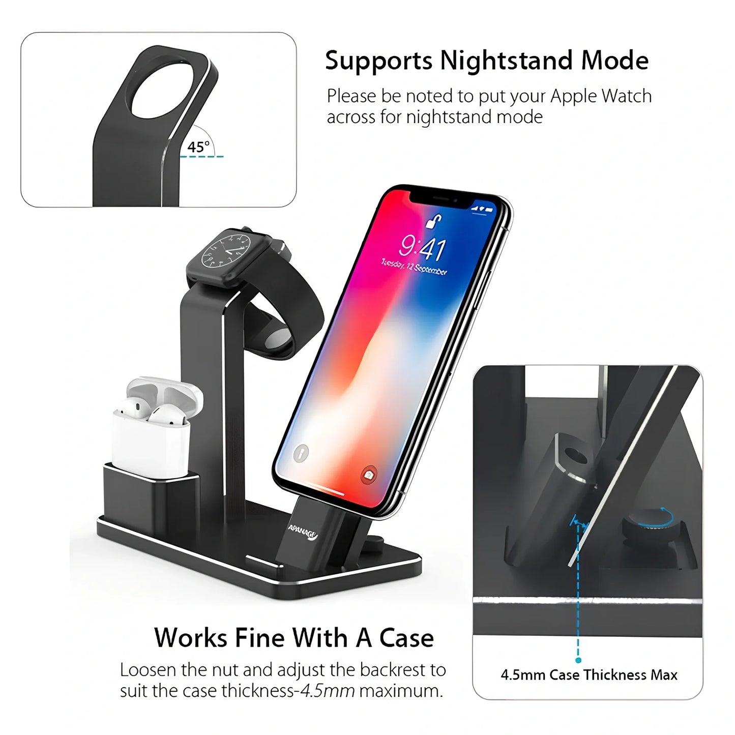 4-in-1 AirPods charging dock with wireless charging pad, Apple Watch charger, and USB port