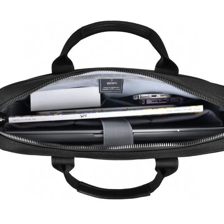 Black Oxford cloth laptop backpack showing multi-pocket design and separate padded computer compartment.