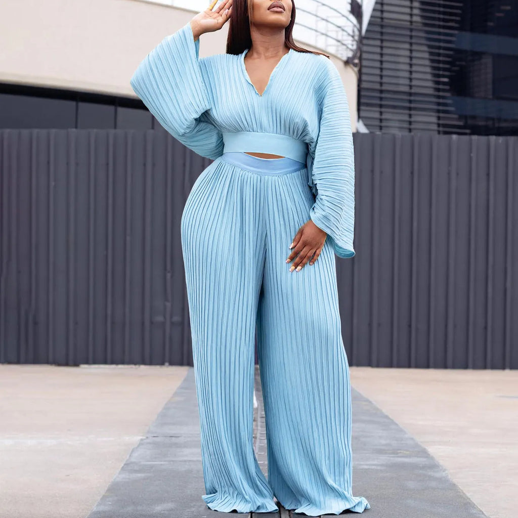 Women's African suit two-piece set with batwing sleeves and wide leg trousers in red or blue
