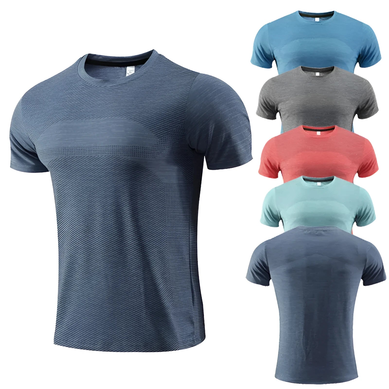 Short sleeve polyester spandex running T-shirt for basketball and workouts on a size chart.