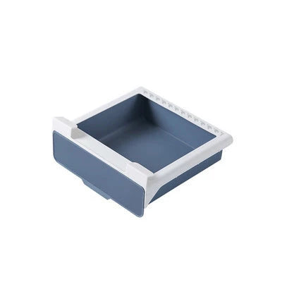 Under cabinet hanging storage box for kitchen utensils in white, green, and blue