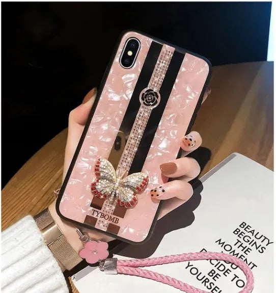 Acrylic iPhone case with butterfly diamond design and mirror in purple colour.
