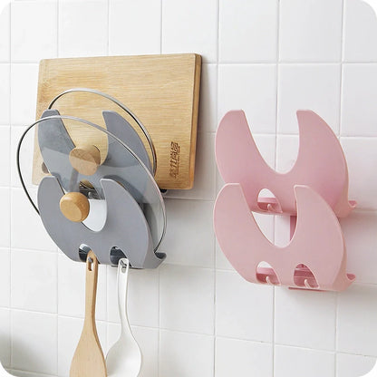 Wall-mounted kitchen organiser with double-layer storage and hooks in beige, gray, white, and pink options