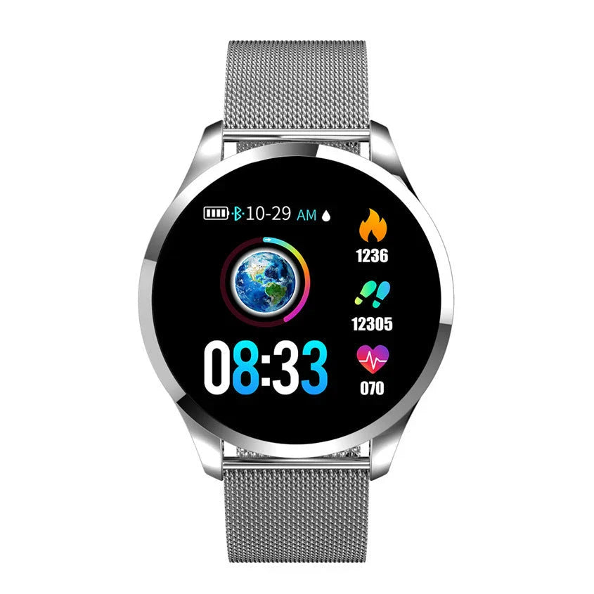 Round screen smart watch with health monitoring features and multi-language support