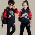 Korean style kids sweat suit two-piece set in black, red, or red wine colour.
