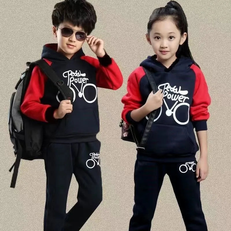 Korean style kids sweat suit two-piece set in black, red, or red wine colour.