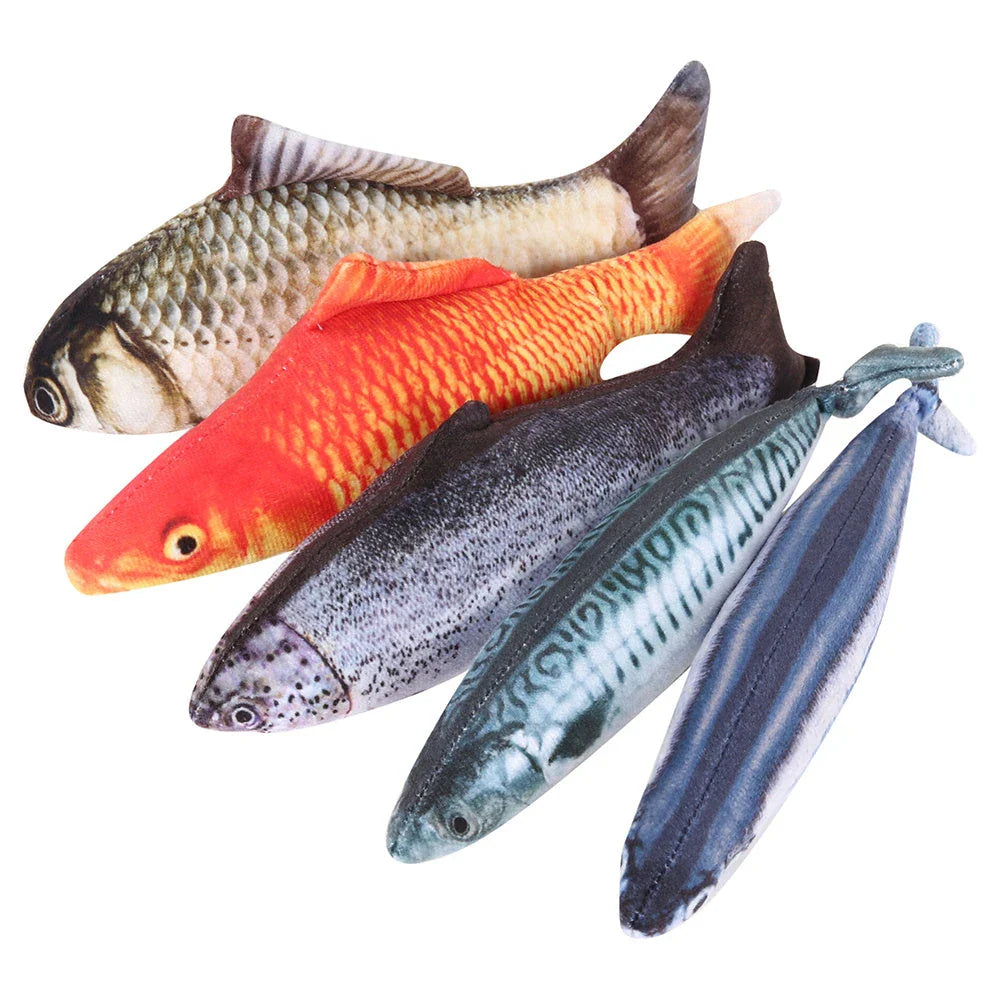 Vibrant fish-shaped plush toys in various sizes and colors, perfect for Kiwi cats to play with and cuddle