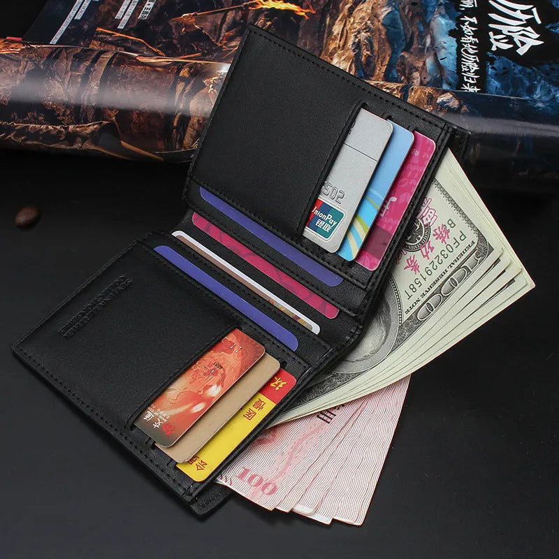 New men's hard leather wallet with toothpick effect, card slot and bill slot in black horizontal orientation