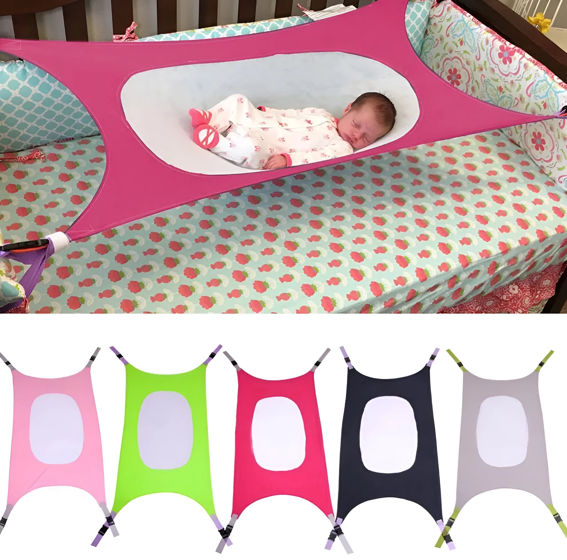 Portable crushed velour baby hammock attached to a crib, shown in pink colour.