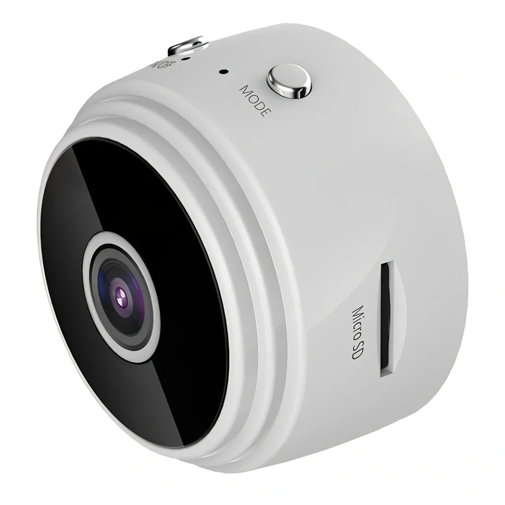 Compact white A9 WiFi sports camera with 1080P HD, infrared night vision, 45x45x50mm size, mounted on rotating bracket