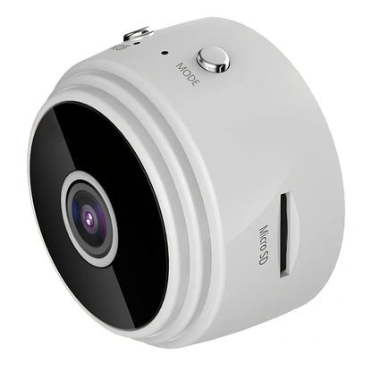 Compact white A9 WiFi sports camera with 1080P HD, infrared night vision, 45x45x50mm size, mounted on rotating bracket