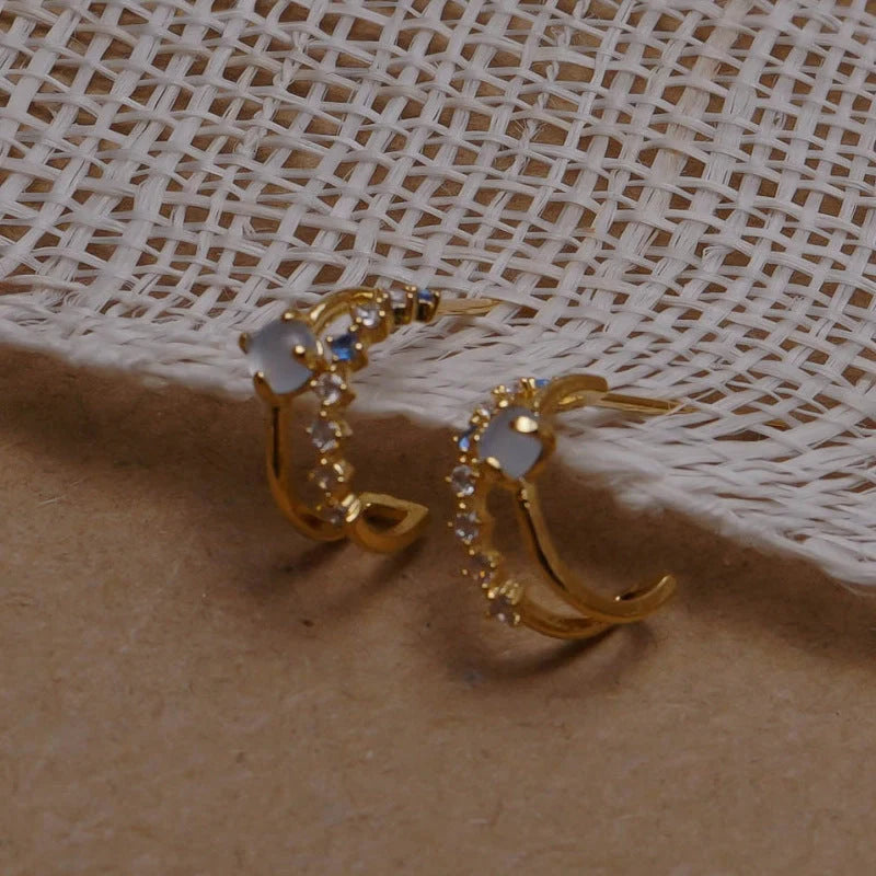 Ladies vintage blue opal earrings with 925 silver pins and real gold plating