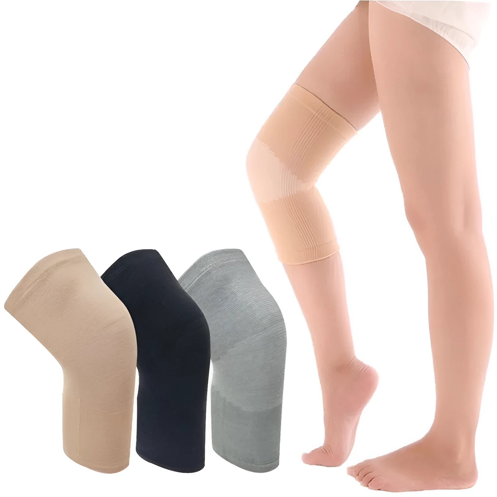 Black knee support sleeve for joint pain and arthritis relief, made from nylon and spandex, available in sizes S M L