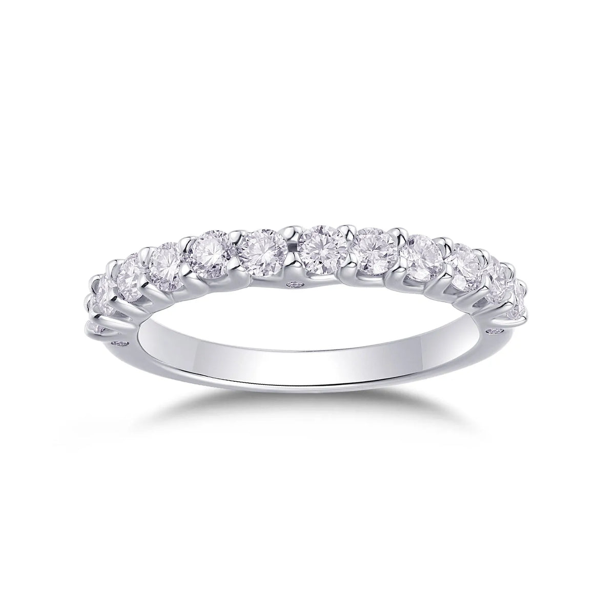 The Radiance moissanite wedding ring in S925 silver with platinum plating, on a white background, with GRA certificate and gift box