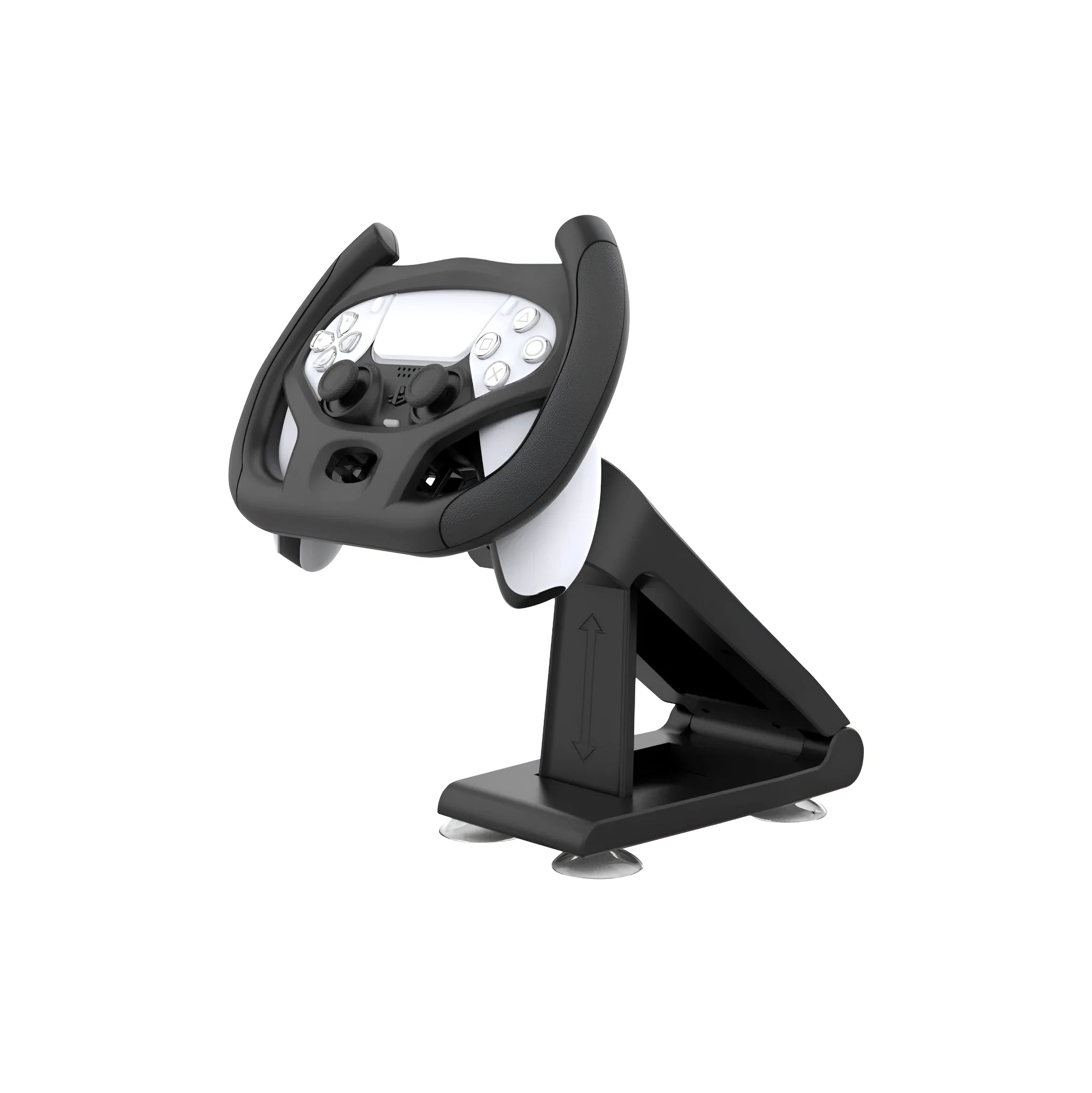 Black ABS plastic steering wheel bracket with a suction cup base for mounting smartphones during games.