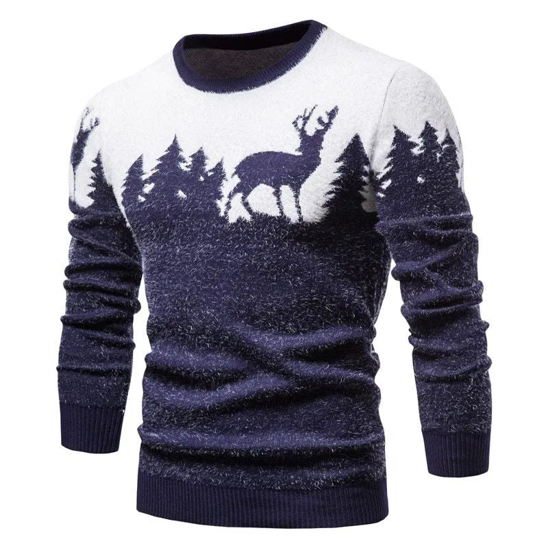 Christmas deer sweater in slim fit with colour block design in red, black, and navy blue