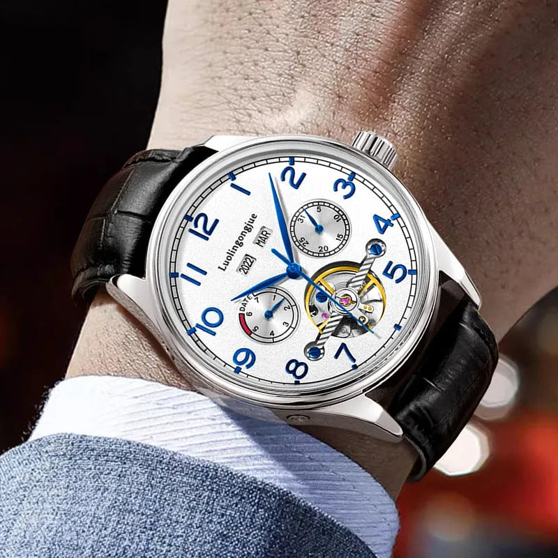 Men's stainless steel mechanical business watch with hollow skeleton design showing movement