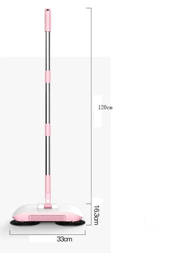 Pink hand push sweeper 3-in-1 with rotating brush on tiled floor