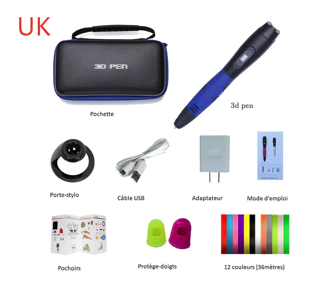 Blue six generations 3D printing pen with 12-colour PLA ABS consumables, base, and UK adapter for DIY graffiti