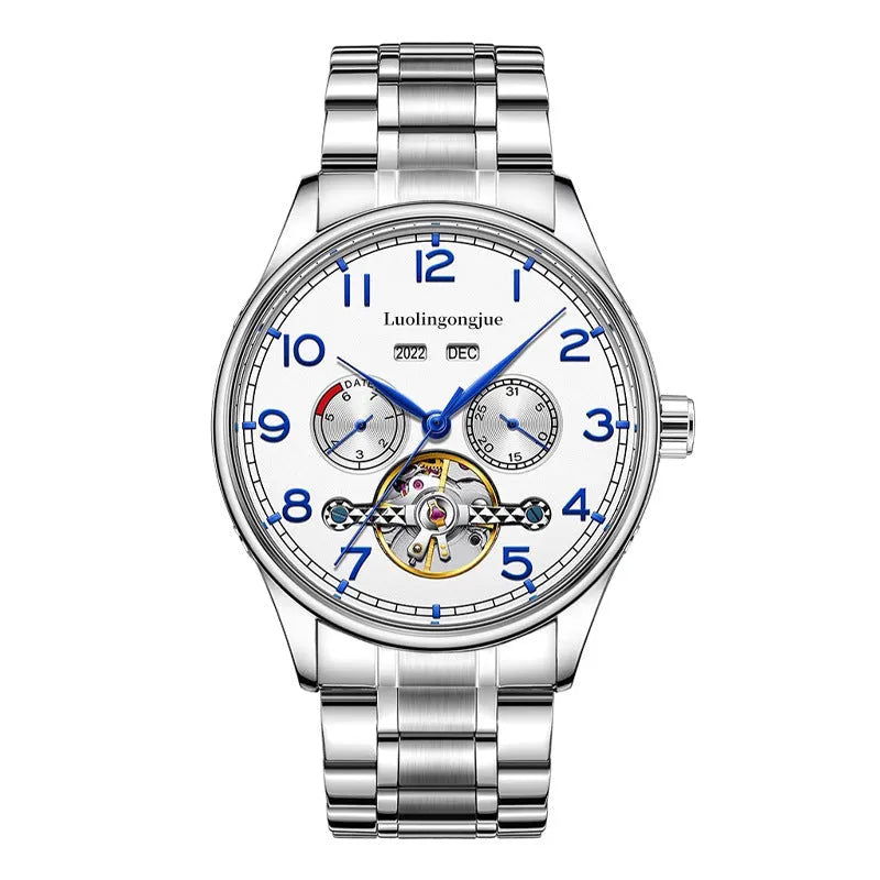 Men's stainless steel mechanical business watch with hollow skeleton design showing movement
