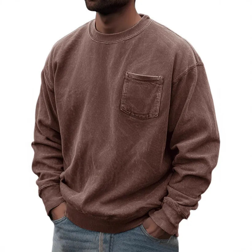 Men's pullover round neck long sleeve sweater in polyester fiber, available in multiple colours
