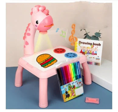 Children's art desk with LED projector, watercolor pens, and music function for creative expression and learning