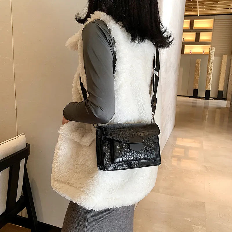 Vintage style PU crossbody bag in black, shown with dimensions for mobile phones and wallets