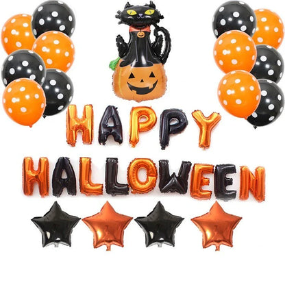 Helium-filled Halloween pumpkin balloons in various vibrant styles, perfect for decorating parties and homes