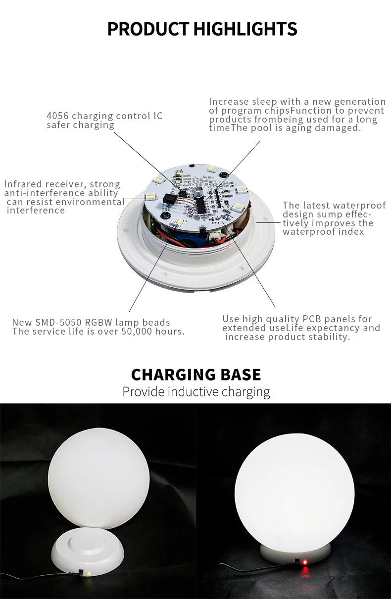 Spherical blue LED garden floor lamp with remote control sitting on grass.