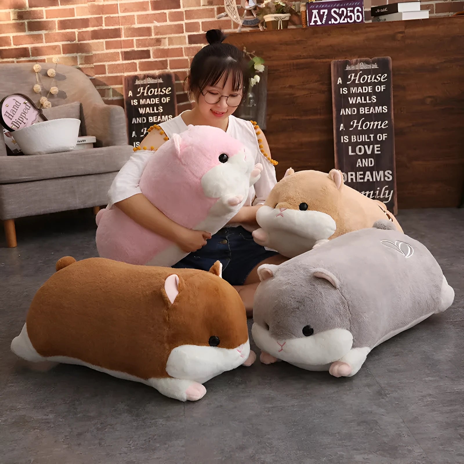 Cute brown hamster pillow made of cotton with PP cotton filling, 50cm size, on a white background