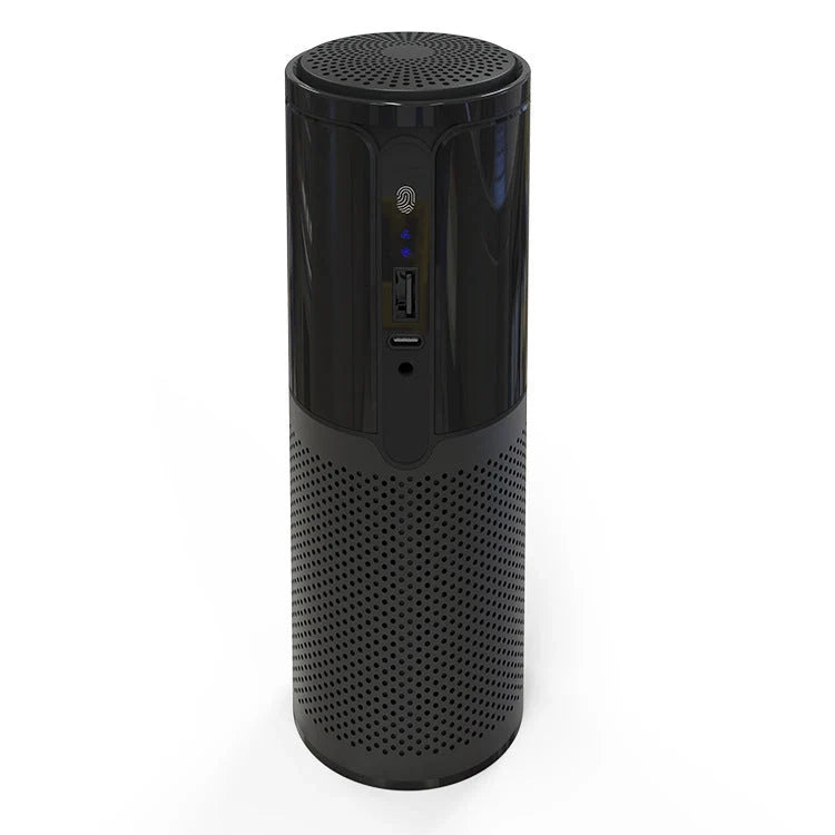 Compact car air purifier in black, reducing allergens with HEPA technology