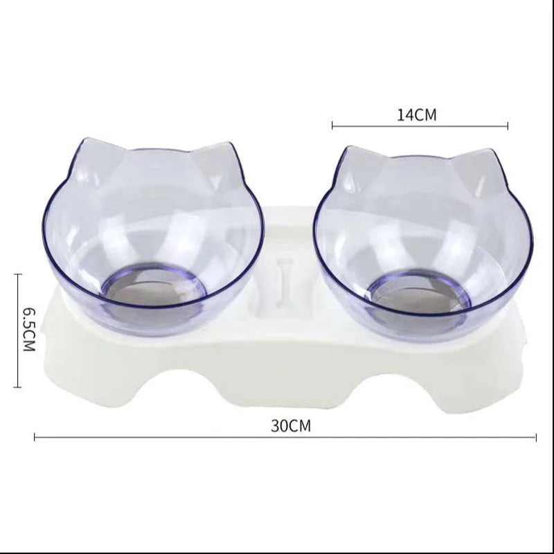 Cat Double Bowl with 15° tilt design for cervical support, transparent cat head and ears, food-grade plastic