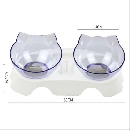 Cat Double Bowl with 15° tilt design for cervical support, transparent cat head and ears, food-grade plastic