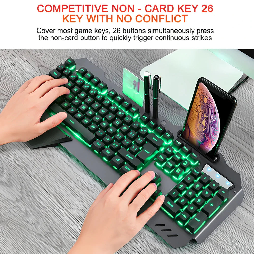 Black wired gaming keyboard with RGB backlight, 45.5 cm size, phone slot, and USB cable on desk