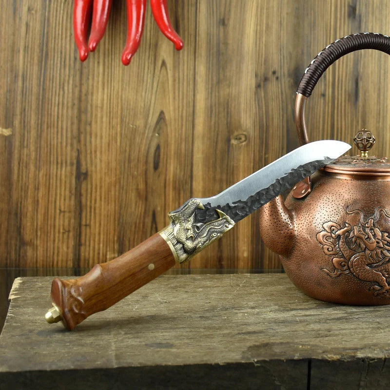 Hand-forged slicing knife with rosewood handle and leather case