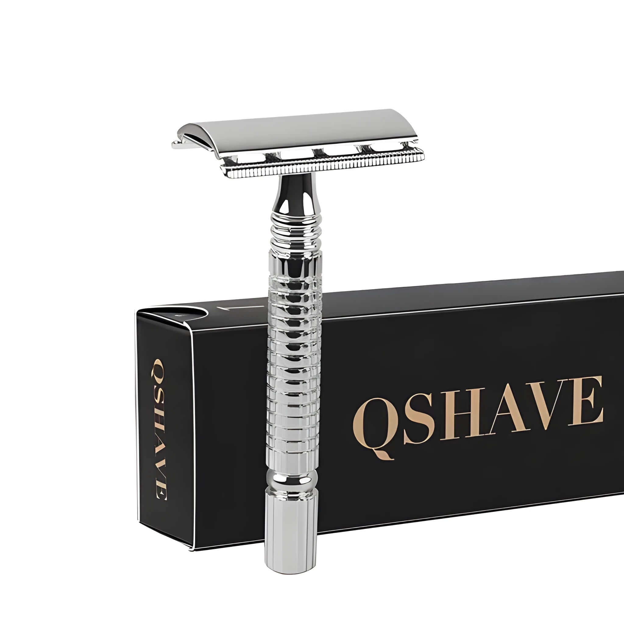 Double edged safety razor with closed comb head and chrome finish in storage box