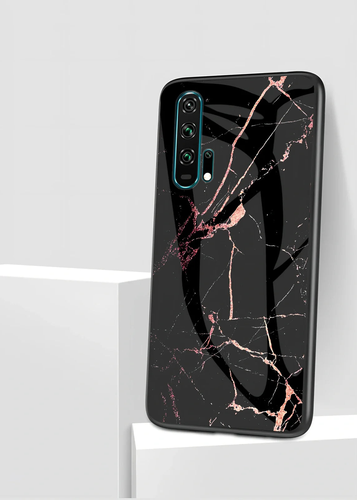 Black marble anti-fall phone case for Honor 20 with tempered glass back and silicone edges, showing grip texture and colour options