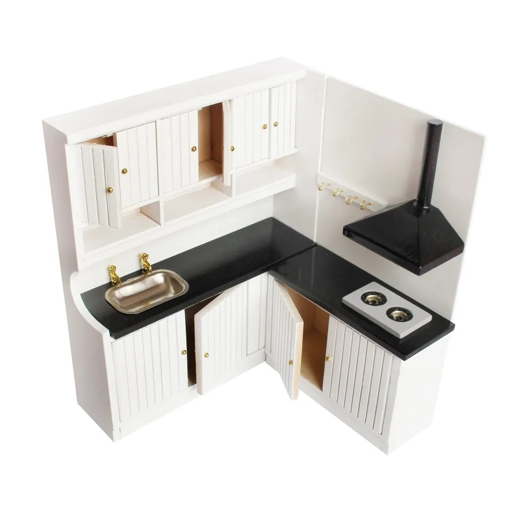 White European-style dollhouse kitchen cabinets with working doors and round metal handles
