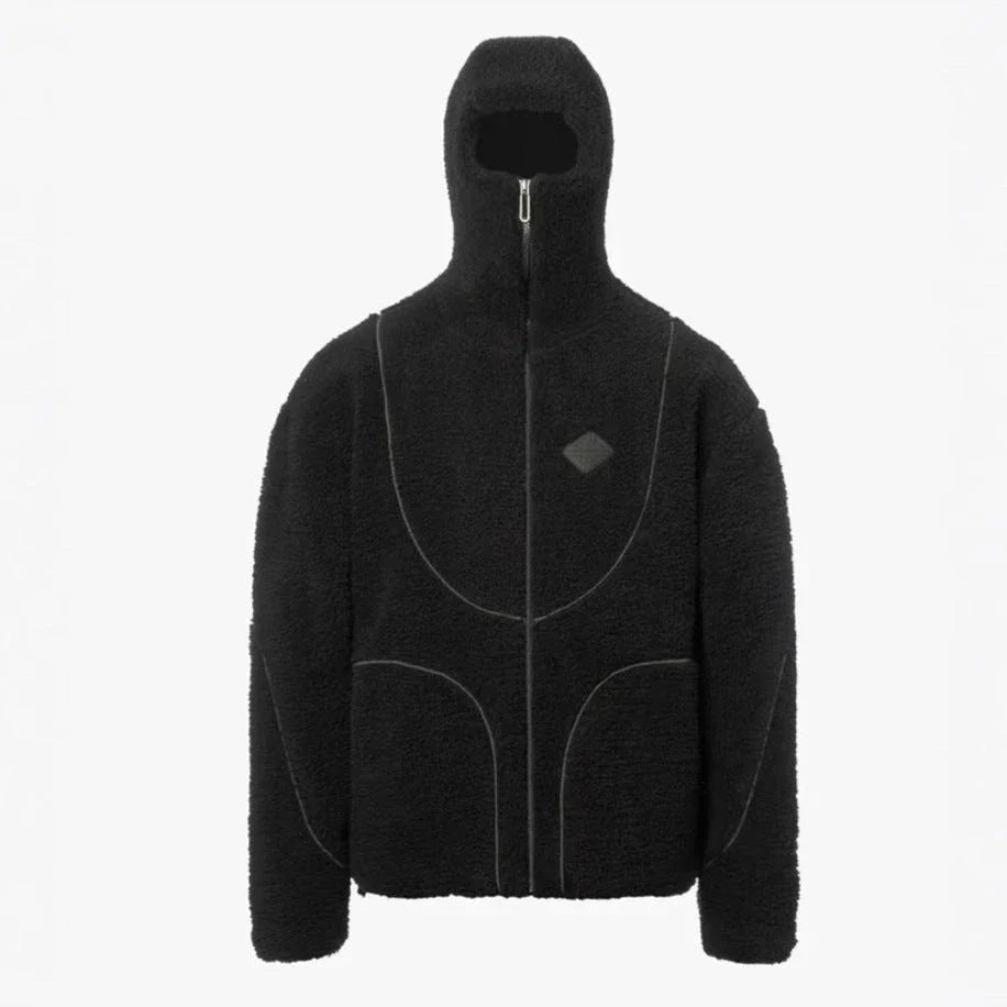Cozy hooded fleece jacket with zipper closure, patchwork design, and variety of color options for casual men's wear