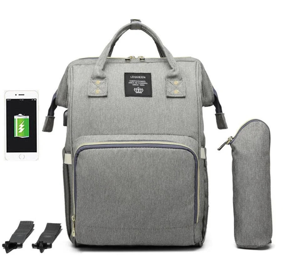 A stylish and practical mummy backpack with features like an insulated bottle compartment, USB charging port, and water-resistant construction.
