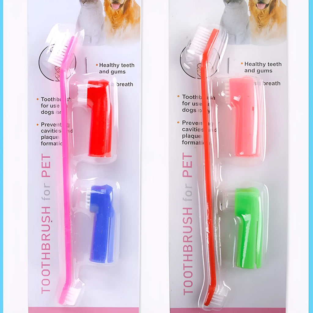 Pet toothbrush set with double head plastic brush and two soft silicone finger toothbrushes for dogs and cats