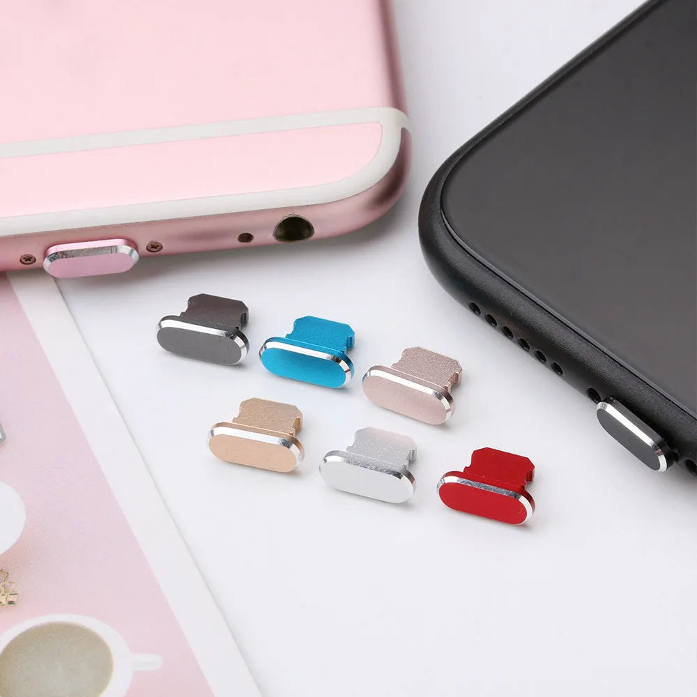 Aluminium alloy iPhone charging port dust plug in silver, shown next to an iPhone.