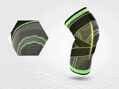 3D Sports Knee Pad in black, red, orange, and green with double beams for meniscus protection