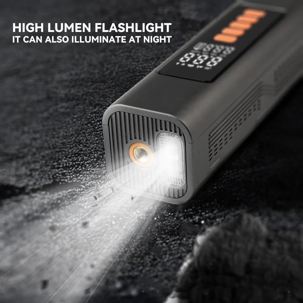 Wireless digital car tyre inflator with display showing pressure, compact black body.