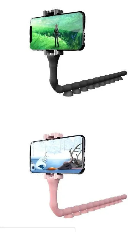 Black flexible arm phone holder with suction cup mounted on a desk, showing 360° rotation.